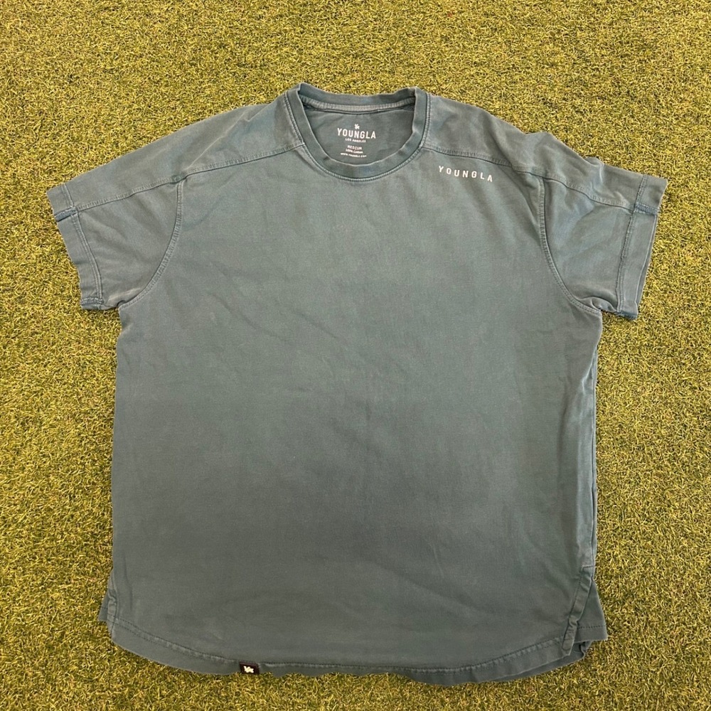 YoungLA Mens Washed Teal Green Short Sleeve Curved Hem Gym T-Shirt Medium